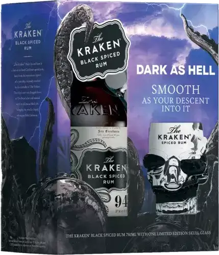 Kraken Black Spiced Rum with Skull Glasses 750ml